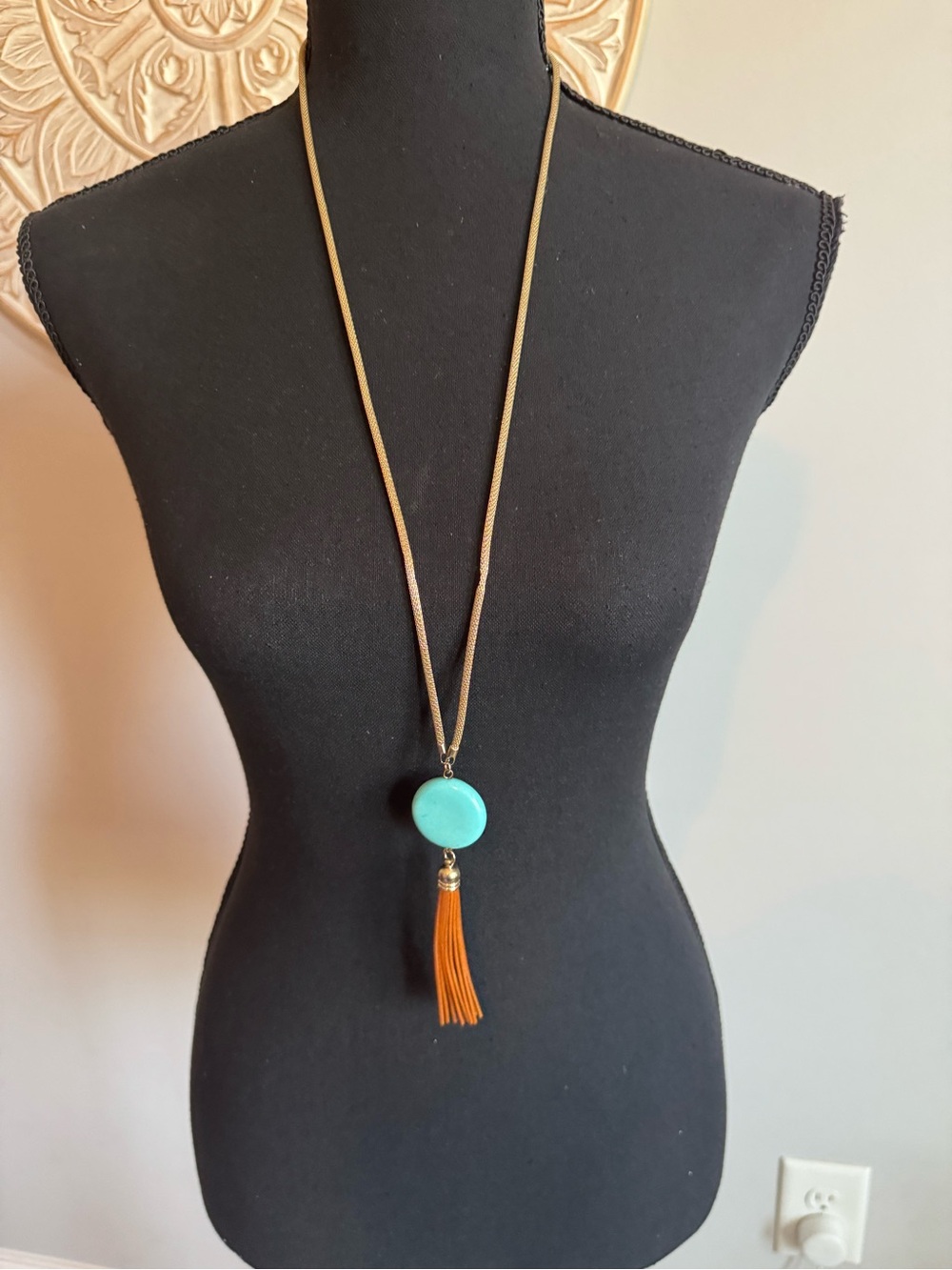 Turquoise Stone & tan Tassel Long Necklace - Women Jewelry